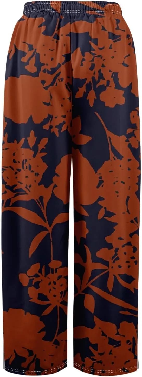 Women's Palazzo Pants Wide Leg Loose Floral Lounge Pants Boho Beach Drawstring Slacks with Pockets