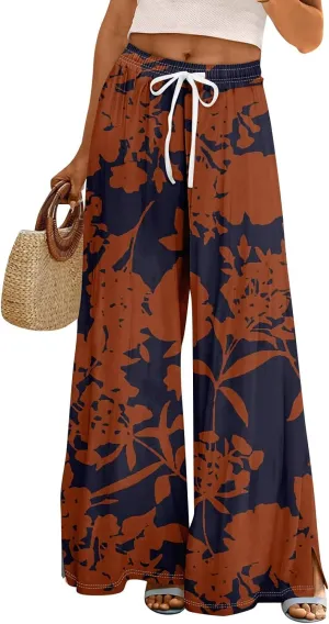Women's Palazzo Pants Wide Leg Loose Floral Lounge Pants Boho Beach Drawstring Slacks with Pockets
