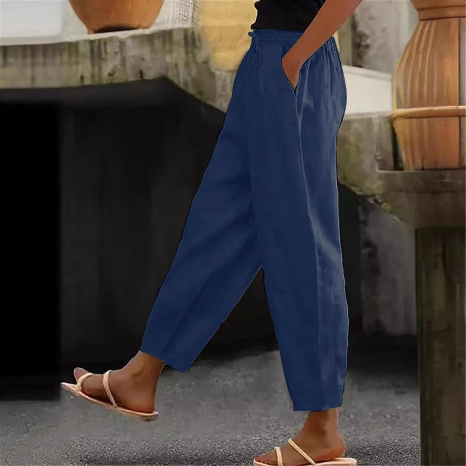 Womens Pants High Waist Casual Linen Pant Drawstring Straight Leg Lounge Trouser with Pockets Slacks Vacation Outfits