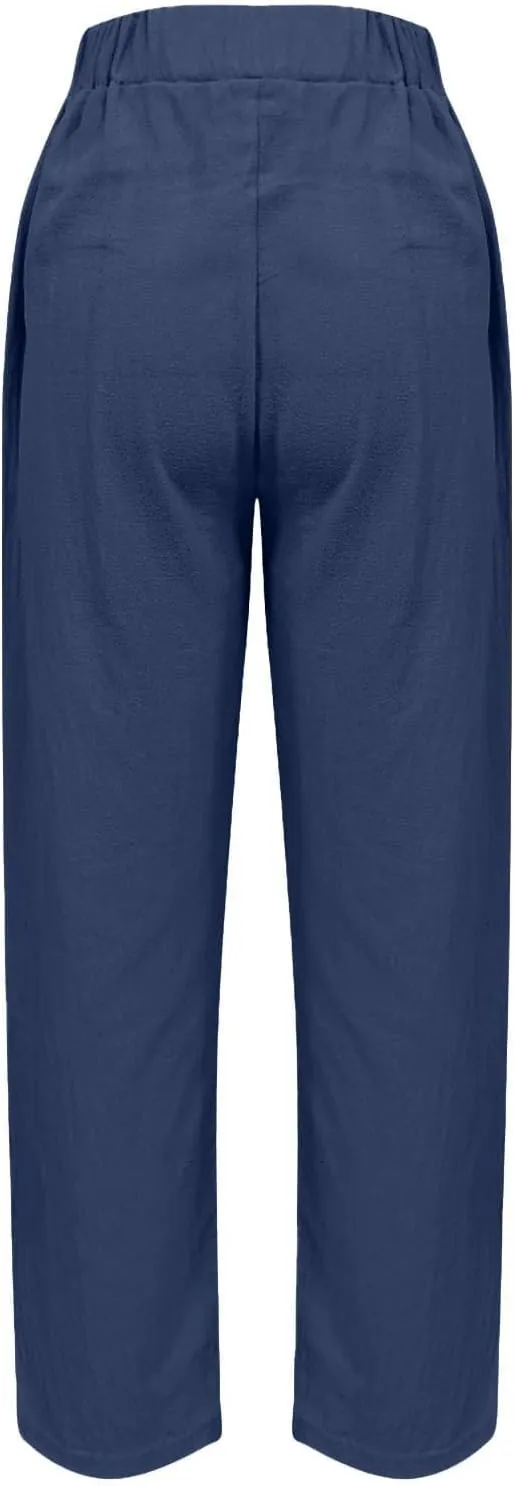 Womens Pants High Waist Casual Linen Pant Drawstring Straight Leg Lounge Trouser with Pockets Slacks Vacation Outfits