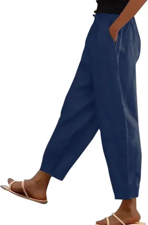 Womens Pants High Waist Casual Linen Pant Drawstring Straight Leg Lounge Trouser with Pockets Slacks Vacation Outfits