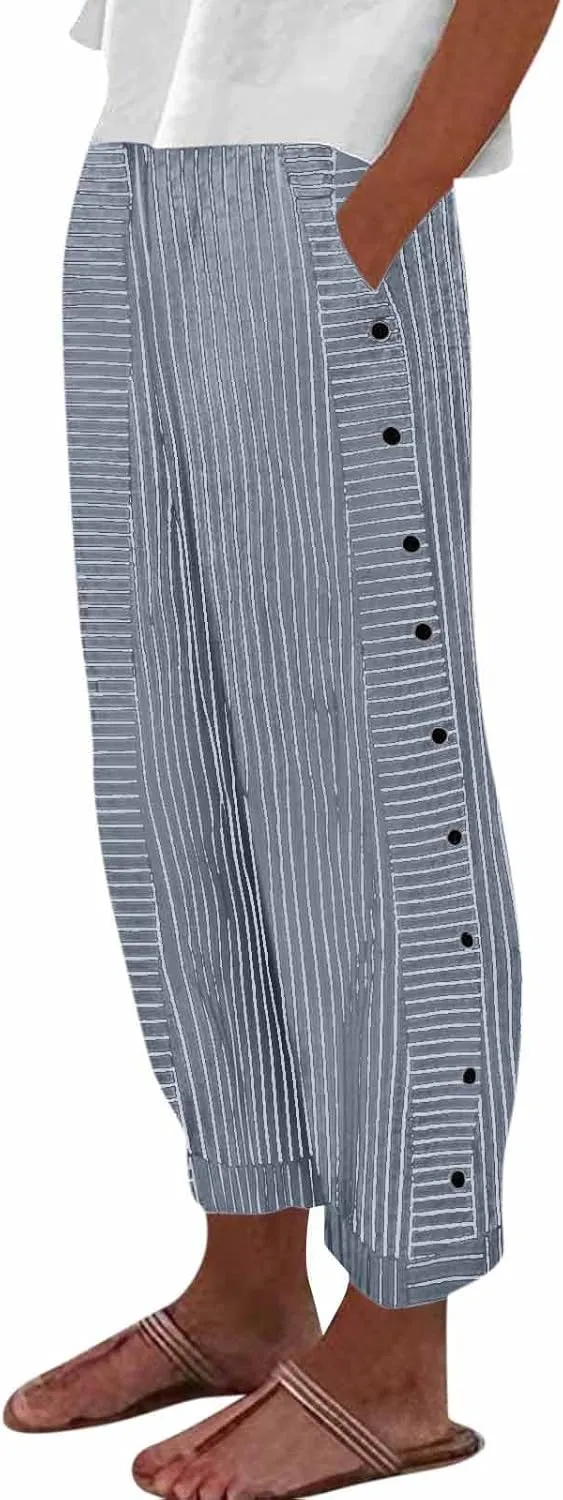 Women's Pants Summer Striped Wide Leg Pants Side Button Lightweight Beach Elastic Waist Casual Cropped Pant w/Pockets