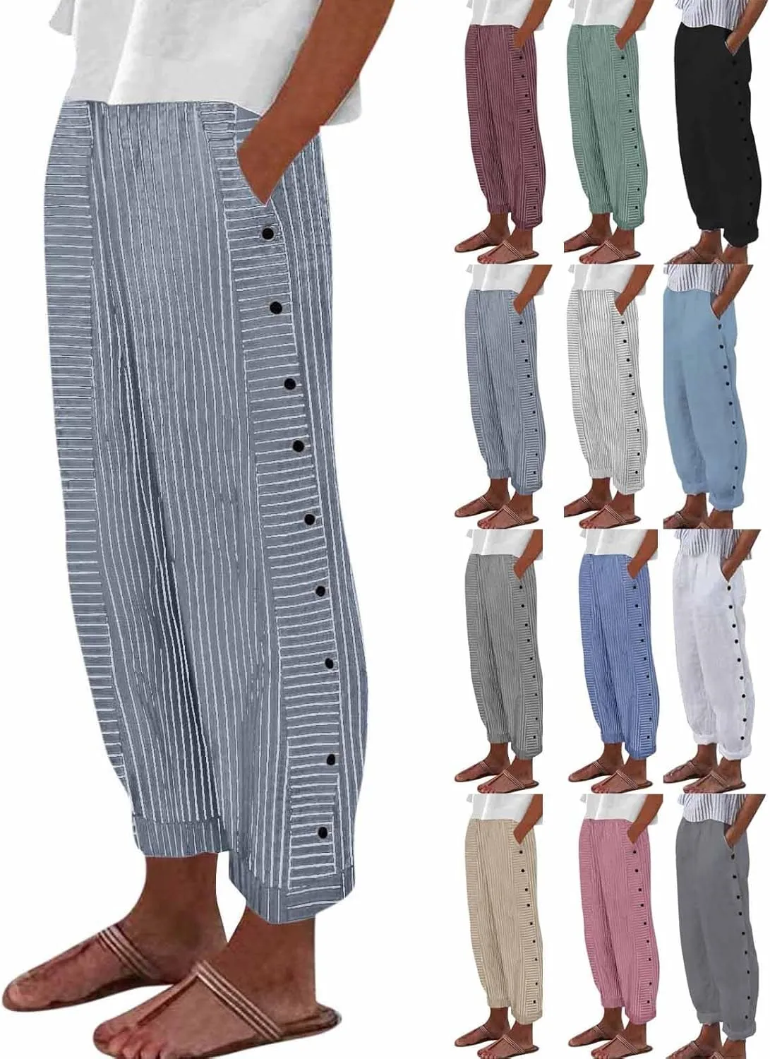 Women's Pants Summer Striped Wide Leg Pants Side Button Lightweight Beach Elastic Waist Casual Cropped Pant w/Pockets