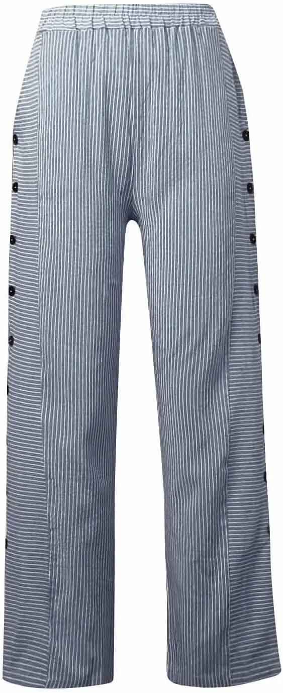 Women's Pants Summer Striped Wide Leg Pants Side Button Lightweight Beach Elastic Waist Casual Cropped Pant w/Pockets