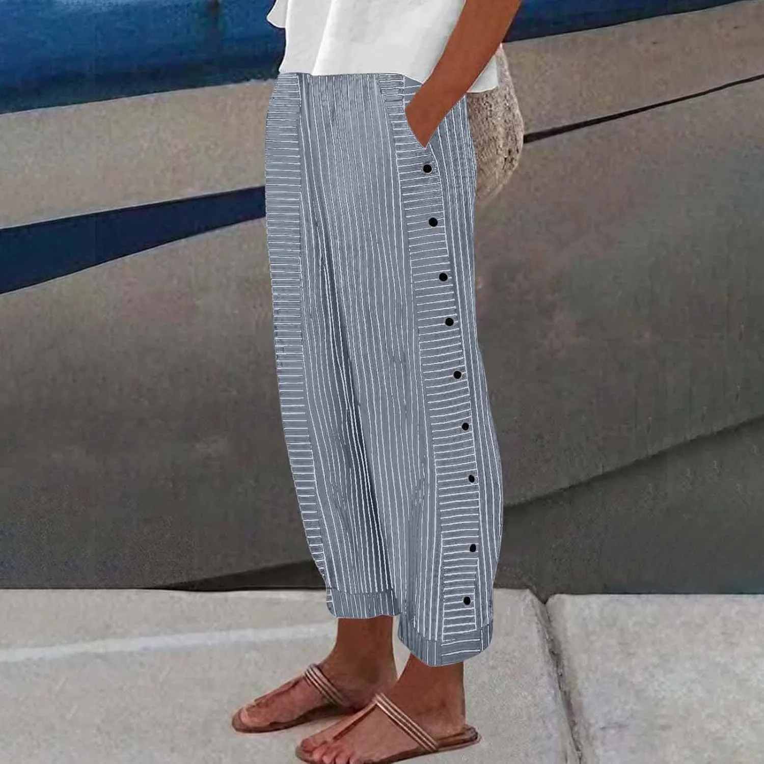 Women's Pants Summer Striped Wide Leg Pants Side Button Lightweight Beach Elastic Waist Casual Cropped Pant w/Pockets