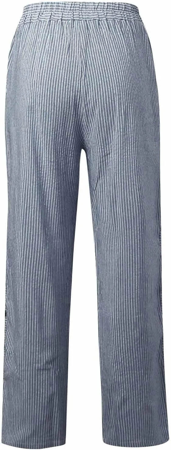 Women's Pants Summer Striped Wide Leg Pants Side Button Lightweight Beach Elastic Waist Casual Cropped Pant w/Pockets