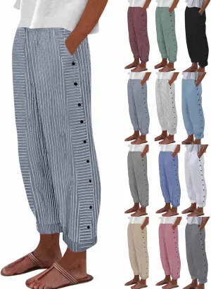 Women's Pants Summer Striped Wide Leg Pants Side Button Lightweight Beach Elastic Waist Casual Cropped Pant w/Pockets