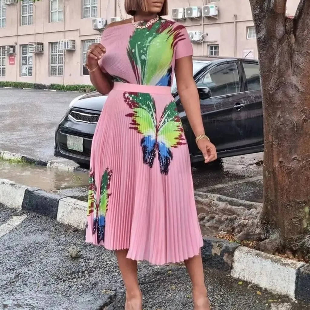 Women's Prom Dresses Sexy Printed Tops Pleated Large Skirt Half-Body Skirt Set Formal Dresses