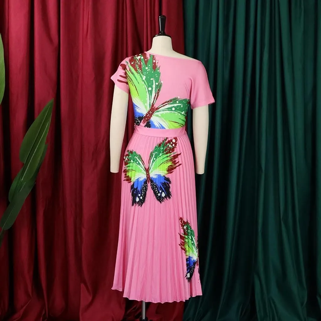 Women's Prom Dresses Sexy Printed Tops Pleated Large Skirt Half-Body Skirt Set Formal Dresses