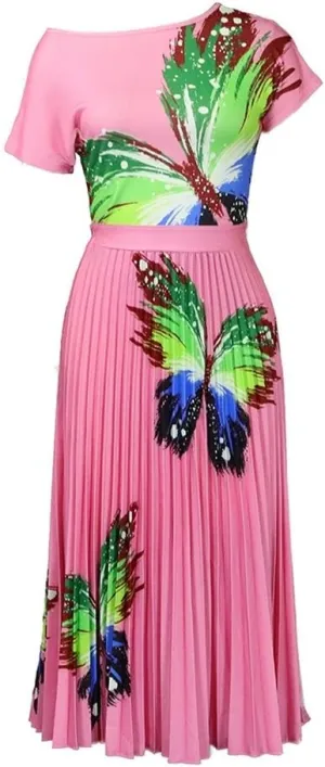 Women's Prom Dresses Sexy Printed Tops Pleated Large Skirt Half-Body Skirt Set Formal Dresses