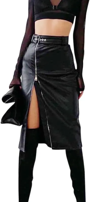 Women's PU Leather Skirt Zipper High Waist Body Sexy Pencil Y2K Skirt