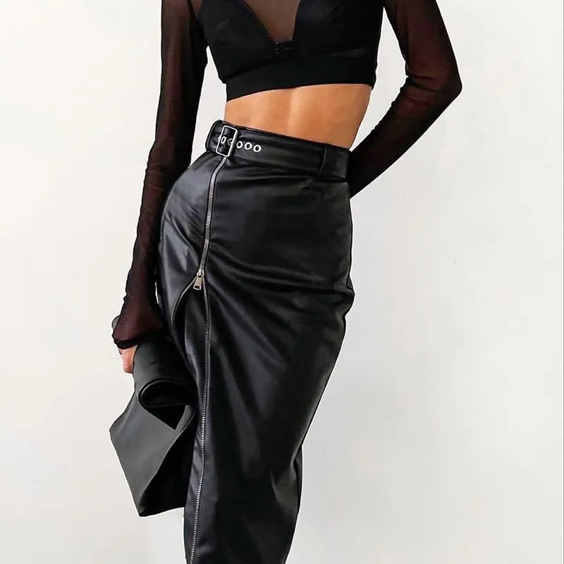 Women's PU Leather Skirt Zipper High Waist Body Sexy Pencil Y2K Skirt