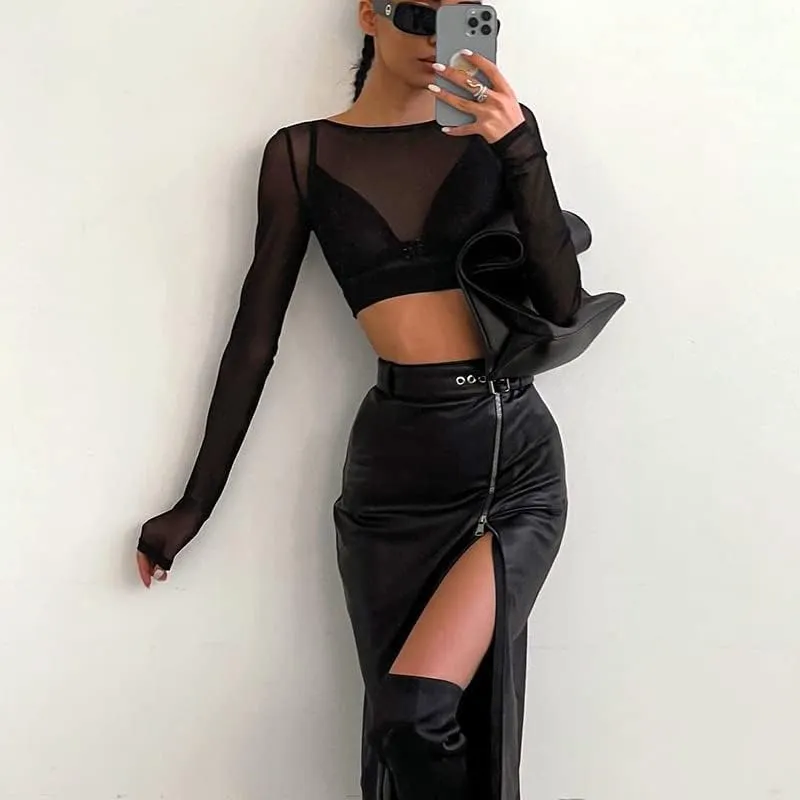 Women's PU Leather Skirt Zipper High Waist Body Sexy Pencil Y2K Skirt