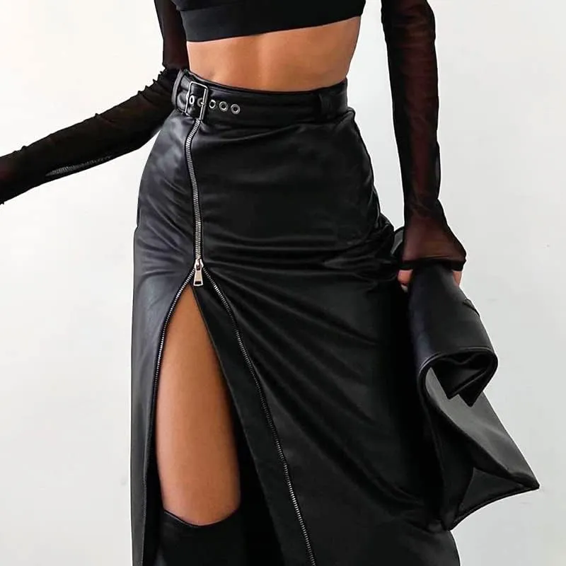 Women's PU Leather Skirt Zipper High Waist Body Sexy Pencil Y2K Skirt