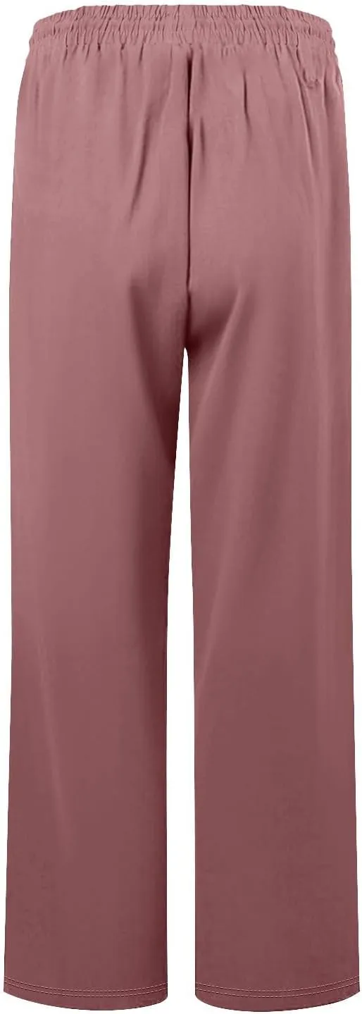Womens Roll Up Capri Pants Cotton Linen High Waisted Drawstring Pants with Pocket 2025 Summer Lounge Elastic Trousers