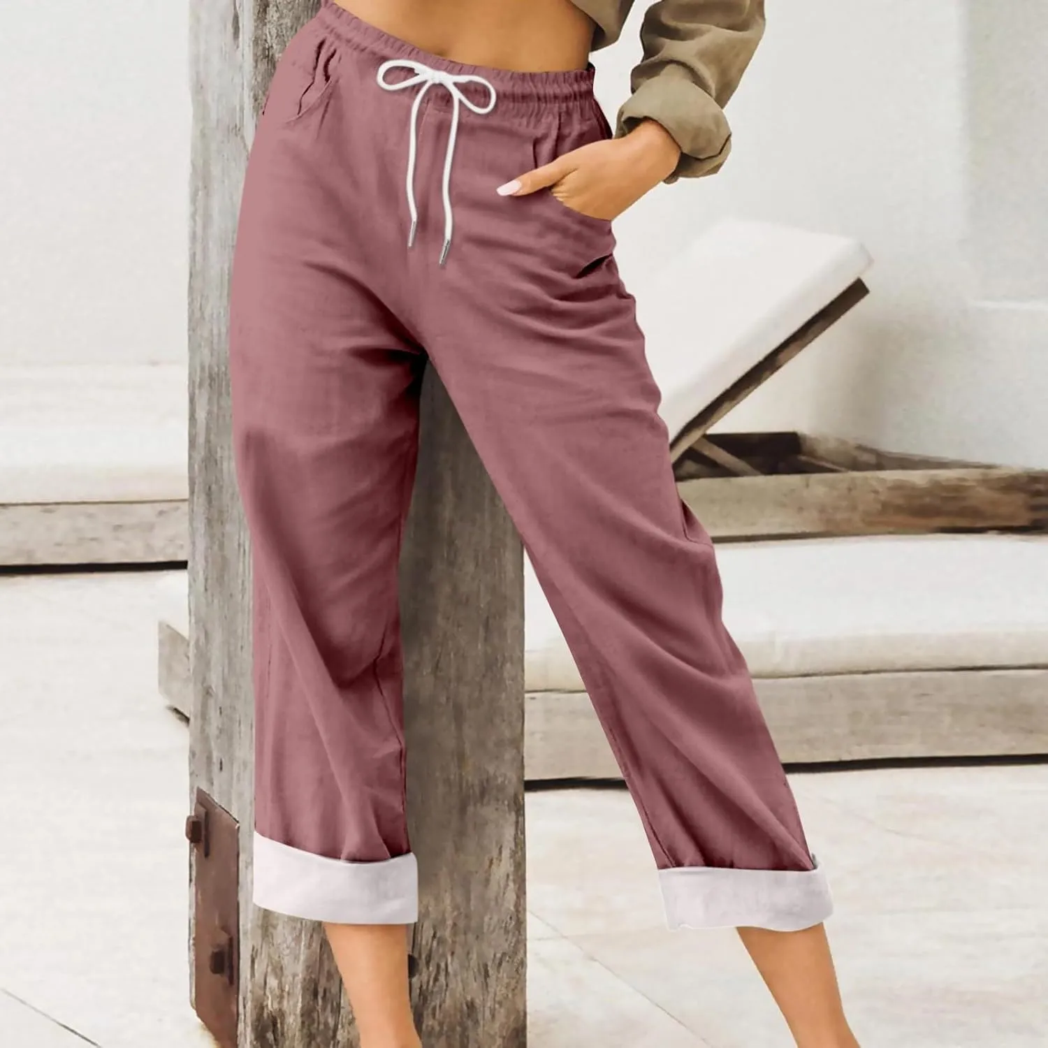 Womens Roll Up Capri Pants Cotton Linen High Waisted Drawstring Pants with Pocket 2025 Summer Lounge Elastic Trousers