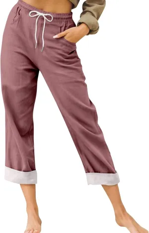 Womens Roll Up Capri Pants Cotton Linen High Waisted Drawstring Pants with Pocket 2025 Summer Lounge Elastic Trousers