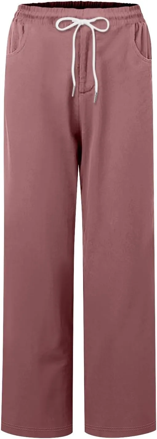 Womens Roll Up Capri Pants Cotton Linen High Waisted Drawstring Pants with Pocket 2025 Summer Lounge Elastic Trousers