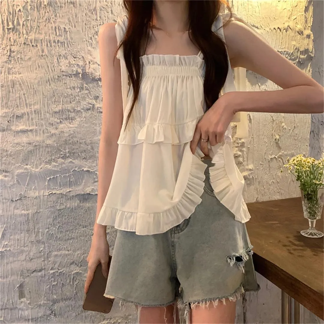 Women's Ruffled Camisole Korean Version Girlish Style Vacation Sleeveless Camisole