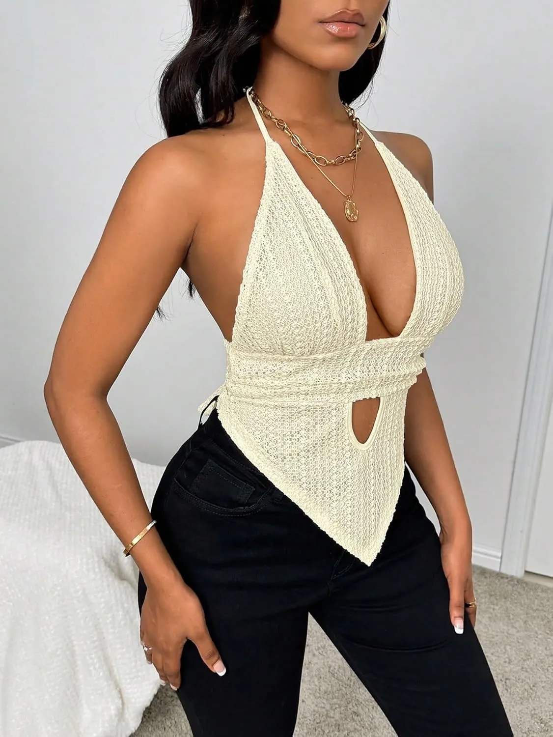 Womens Sleeveless Camisole Tank Tops Blouse Sexy Solid Color Hollow Out V Neck Top
