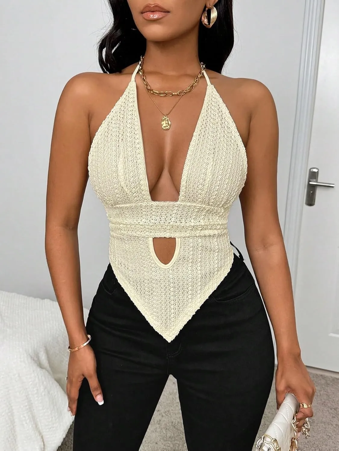 Womens Sleeveless Camisole Tank Tops Blouse Sexy Solid Color Hollow Out V Neck Top