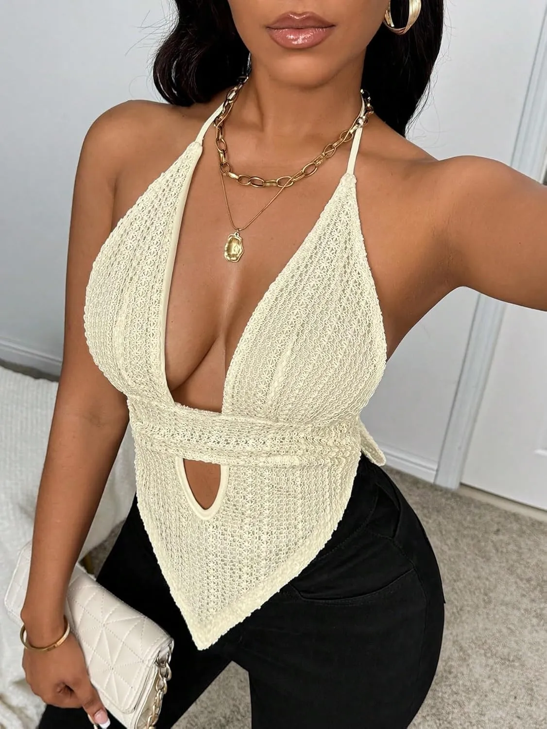 Womens Sleeveless Camisole Tank Tops Blouse Sexy Solid Color Hollow Out V Neck Top