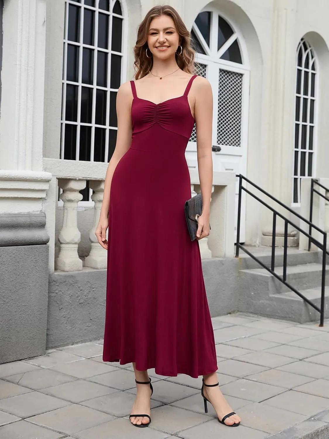 Women's Sleeveless Ruched Maxi Dress - Adjustable Spaghetti Strap Flowy Casual Dress for Summer Party Everyday Wear