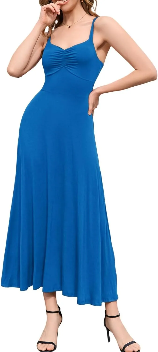 Women's Sleeveless Ruched Maxi Dress - Adjustable Spaghetti Strap Flowy Casual Dress for Summer Party Everyday Wear