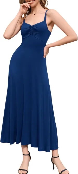 Women's Sleeveless Ruched Maxi Dress - Adjustable Spaghetti Strap Flowy Casual Dress for Summer Party Everyday Wear