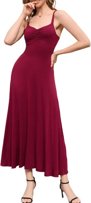 Women's Sleeveless Ruched Maxi Dress - Adjustable Spaghetti Strap Flowy Casual Dress for Summer Party Everyday Wear