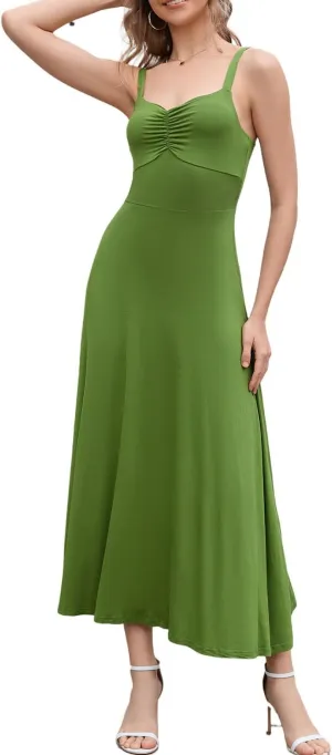 Women's Sleeveless Ruched Maxi Dress - Adjustable Spaghetti Strap Flowy Casual Dress for Summer Party Everyday Wear