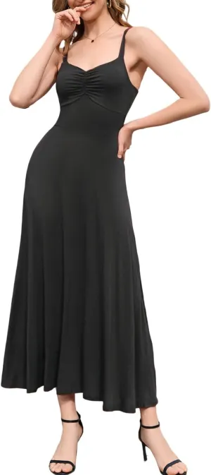 Women's Sleeveless Ruched Maxi Dress - Adjustable Spaghetti Strap Flowy Casual Dress for Summer Party Everyday Wear