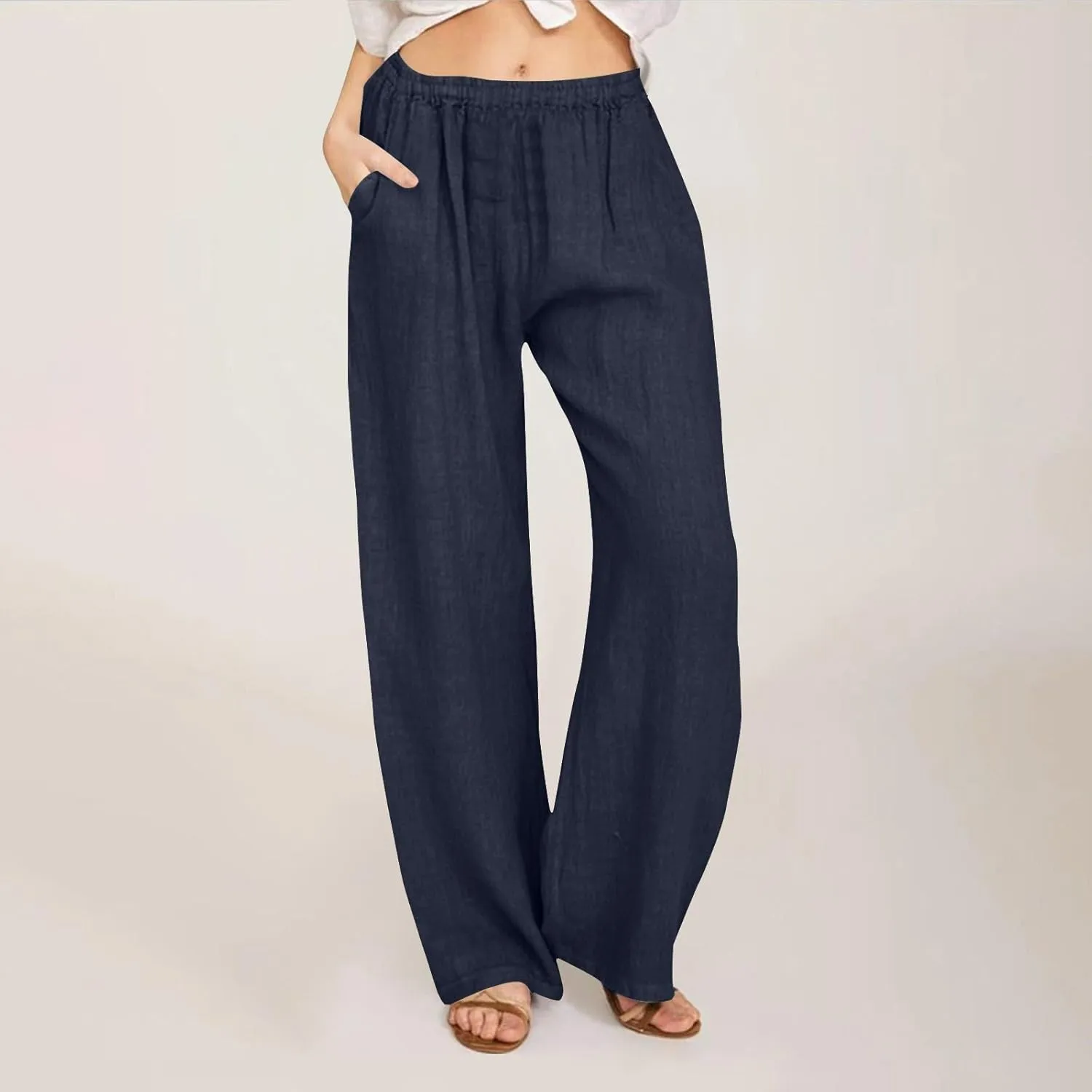 Women's Solid Color Pants Summer Casual Elastic Waist Loose Fit Pants Wide Leg Lounge Long Trousers with Pockets