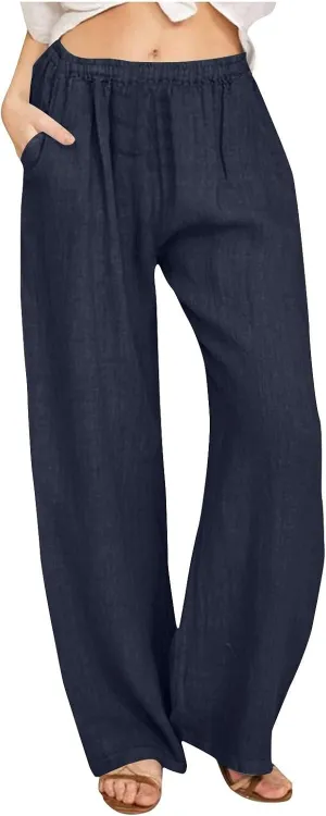 Women's Solid Color Pants Summer Casual Elastic Waist Loose Fit Pants Wide Leg Lounge Long Trousers with Pockets