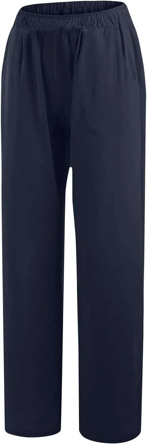 Women's Solid Color Pants Summer Casual Elastic Waist Loose Fit Pants Wide Leg Lounge Long Trousers with Pockets