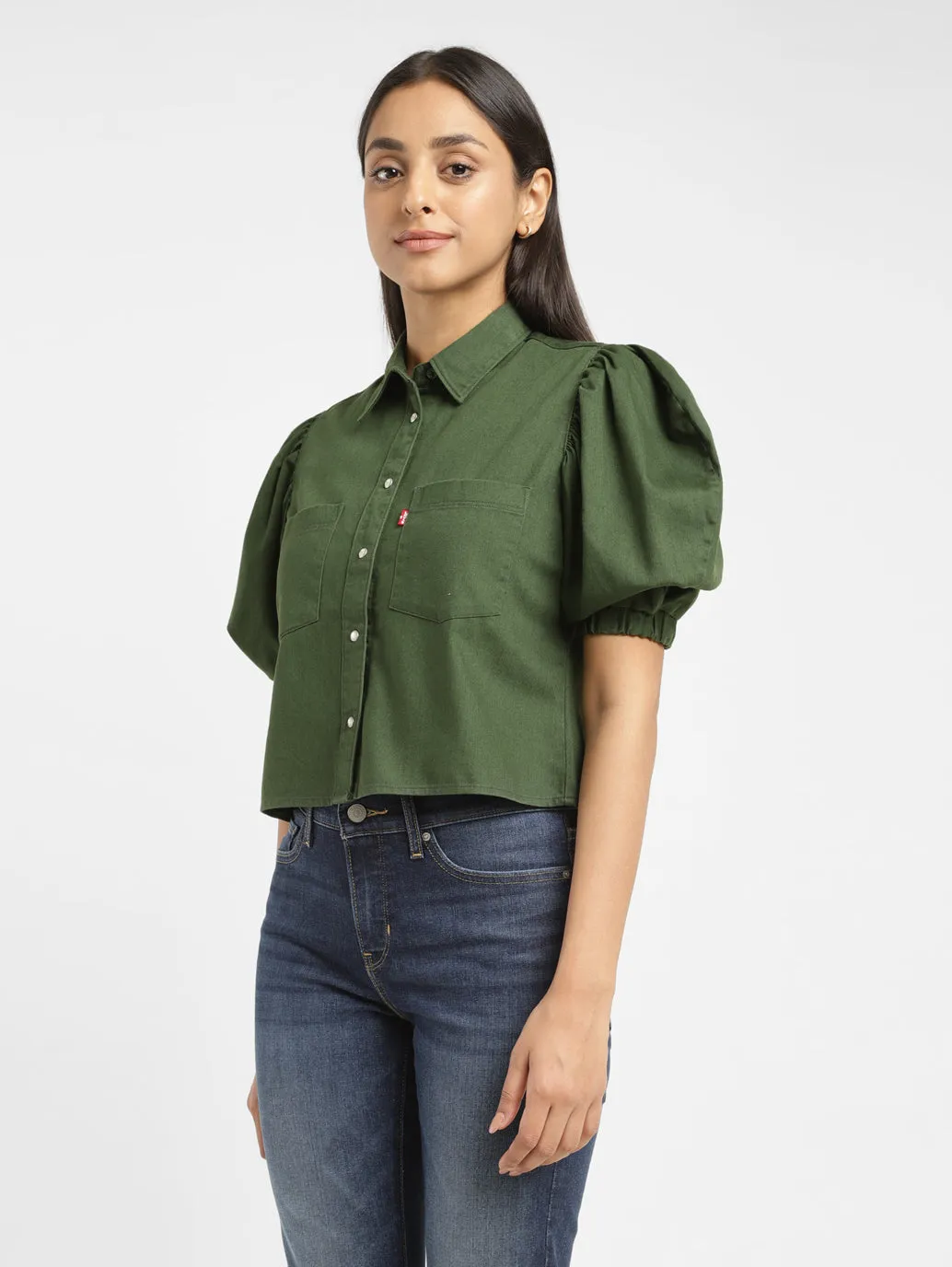 Women's Solid Dark Green Spread Collar Top