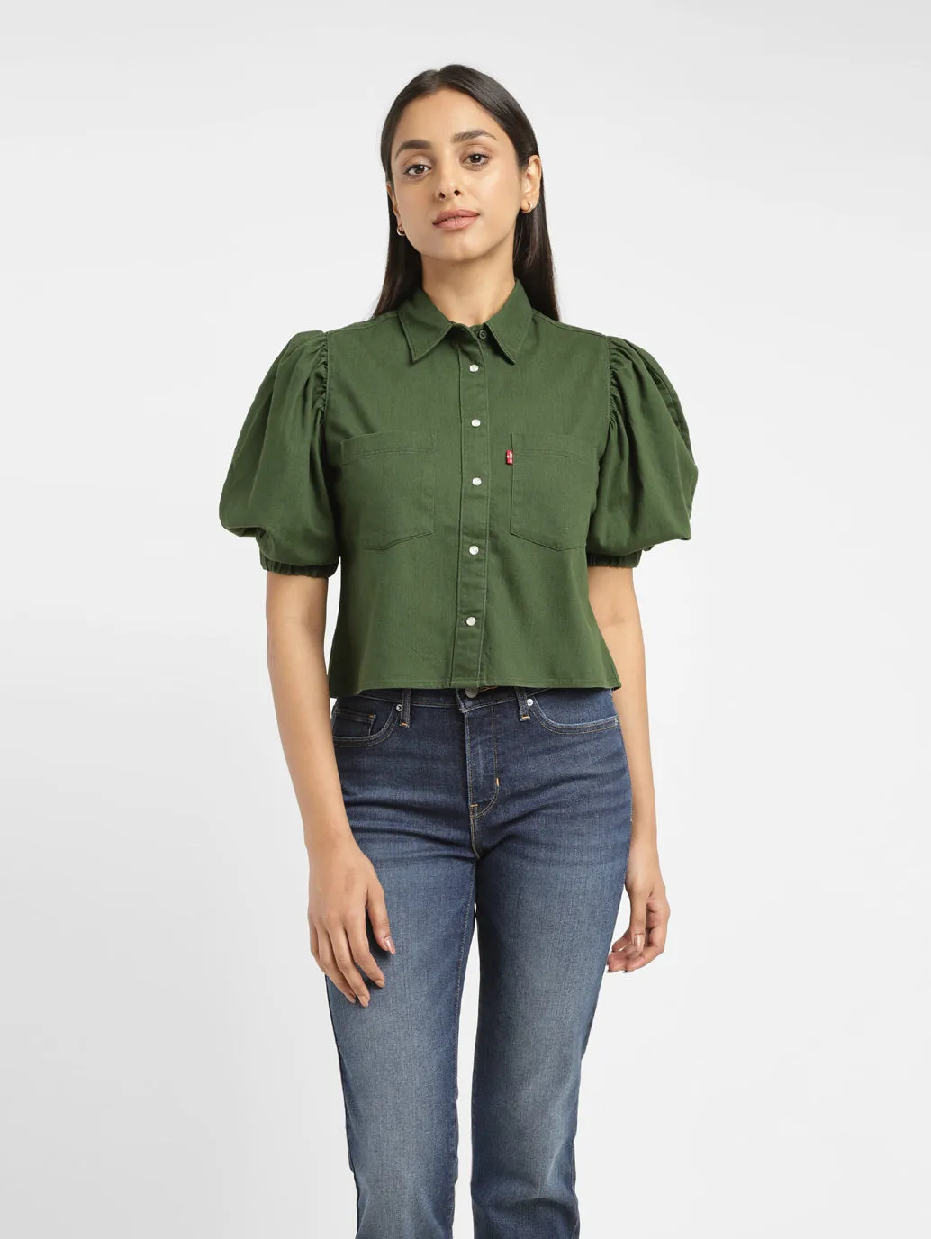 Women's Solid Dark Green Spread Collar Top