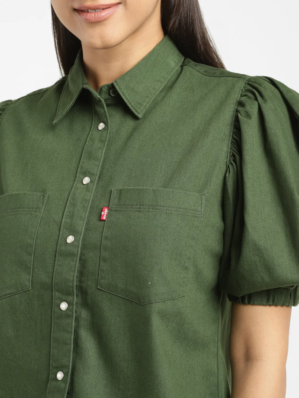 Women's Solid Dark Green Spread Collar Top