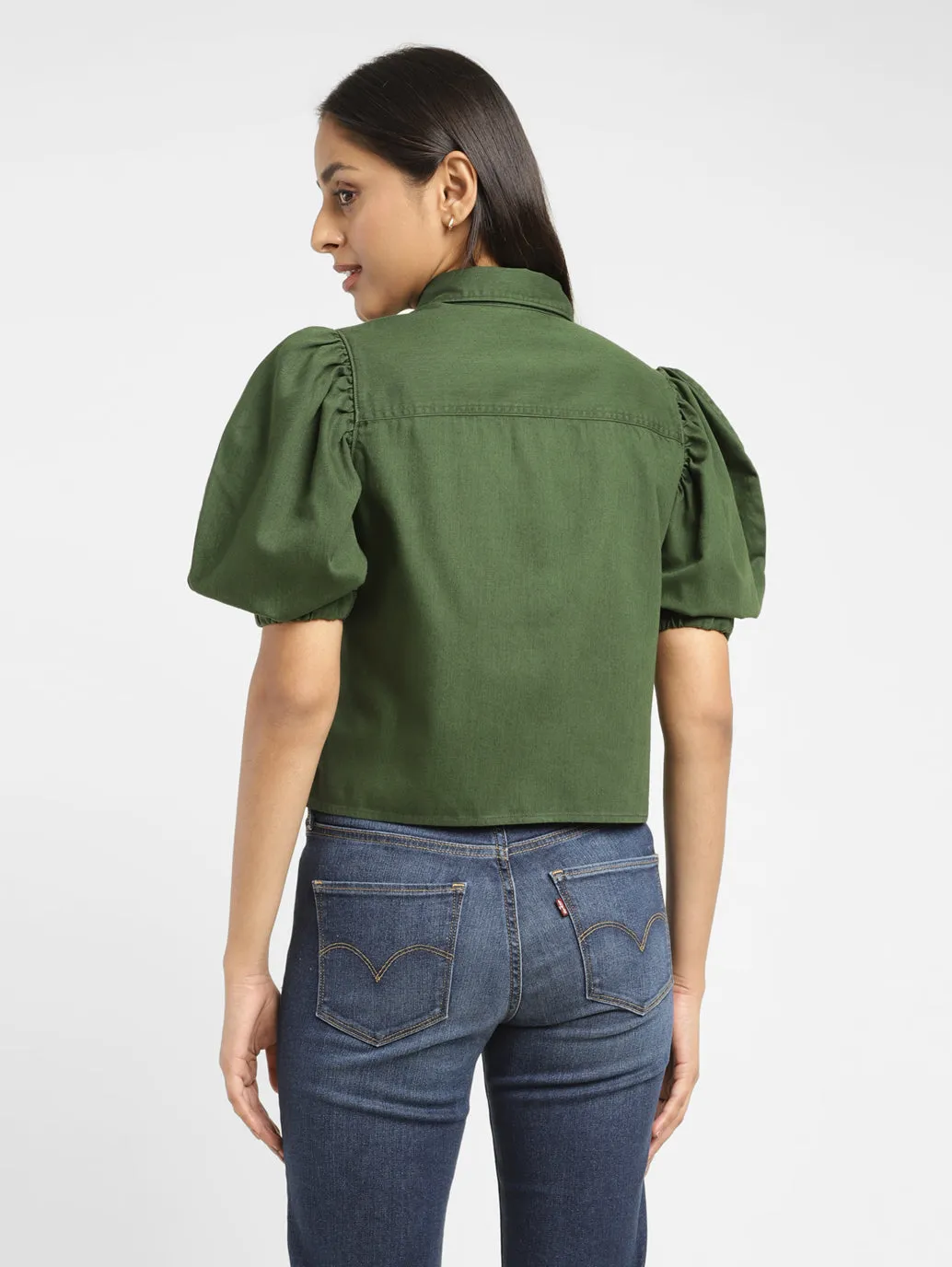 Women's Solid Dark Green Spread Collar Top