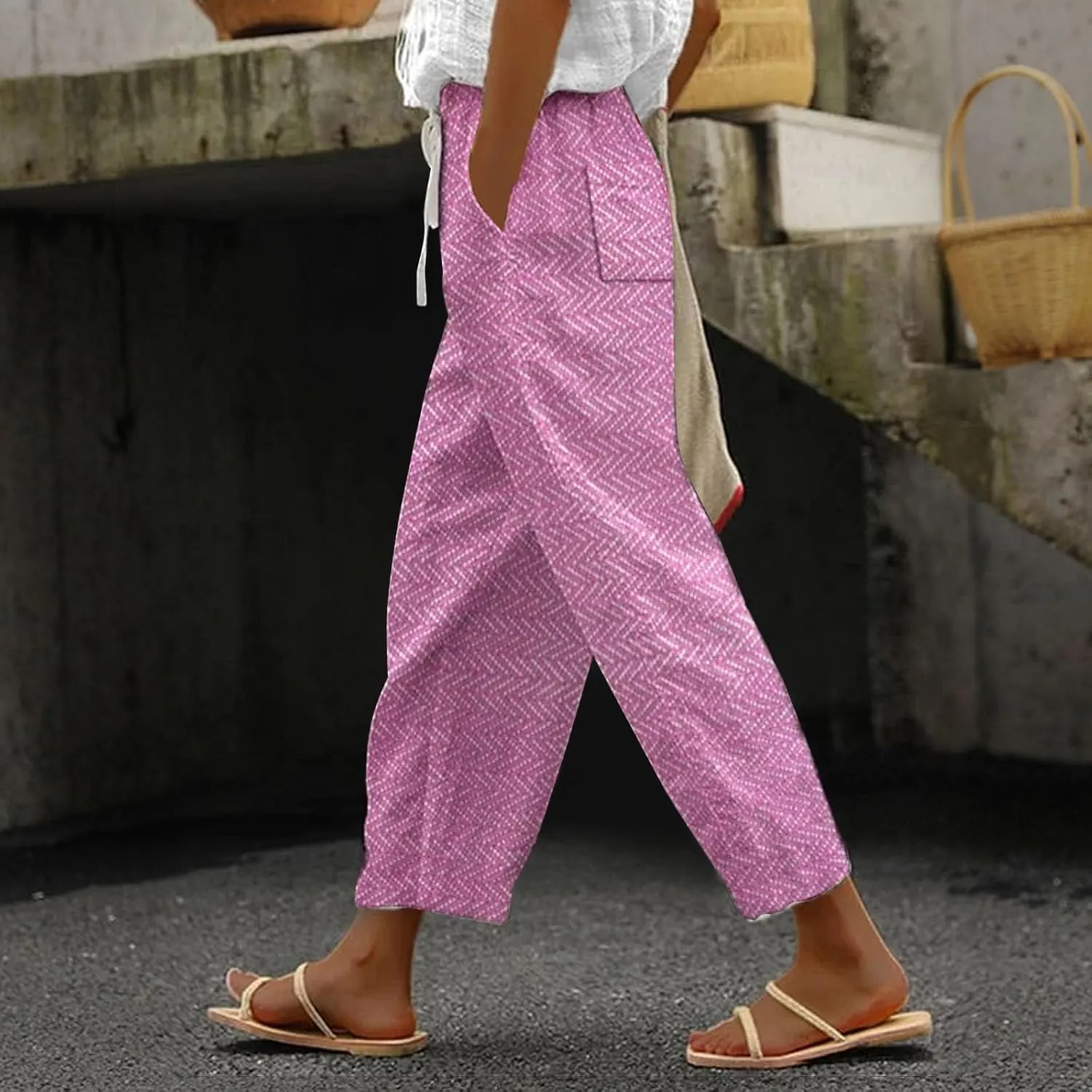 Women's Solid Striped Linen Capris Capri Pants with Pockets Wide Leg Cropped Pants for Women Linen Capris for Women