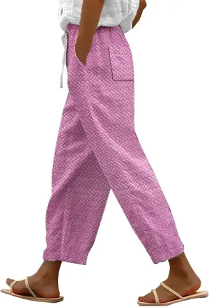 Women's Solid Striped Linen Capris Capri Pants with Pockets Wide Leg Cropped Pants for Women Linen Capris for Women