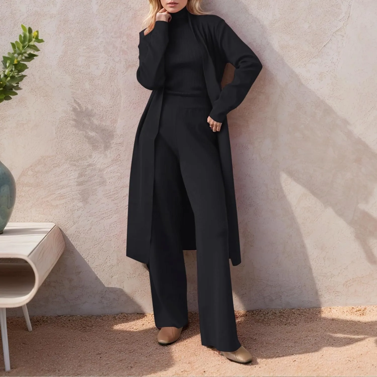 Women's spring and autumn 3-piece set Women's cardigan sportswear knitted pants set sweater set fashion 3-piece