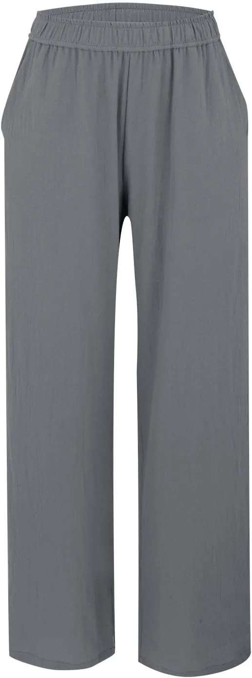 Womens Straight Leg Linen Pants Wide Leg Casual Elastic Waist Palazzo Pant Lounge Beach Summer Trousers with Pockets