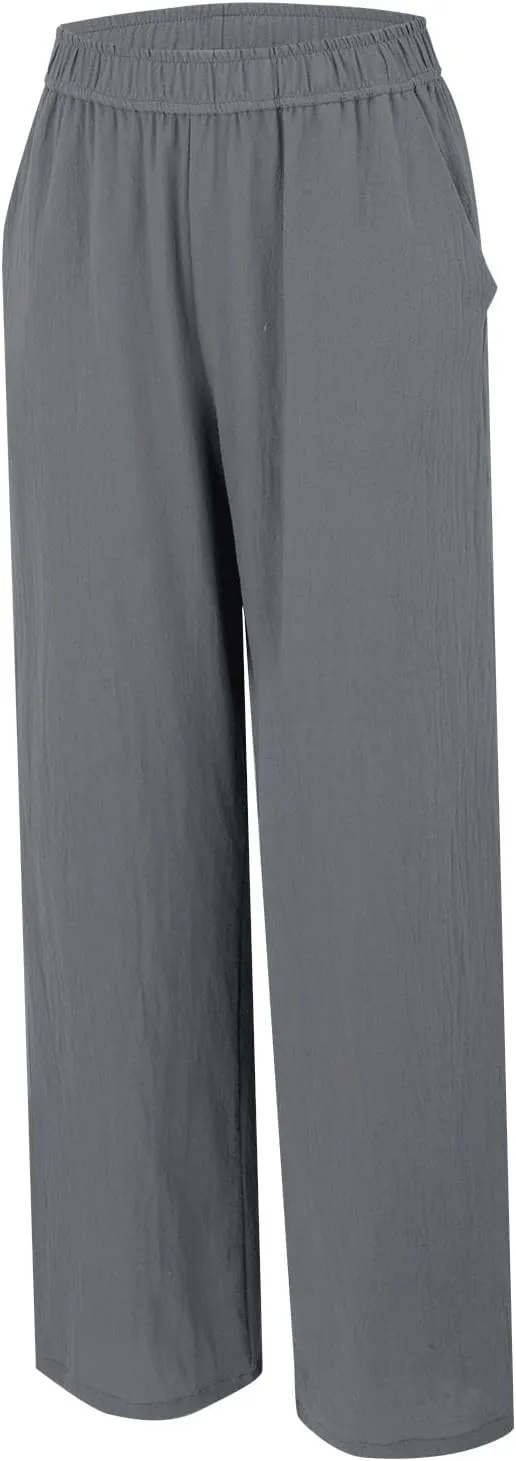 Womens Straight Leg Linen Pants Wide Leg Casual Elastic Waist Palazzo Pant Lounge Beach Summer Trousers with Pockets