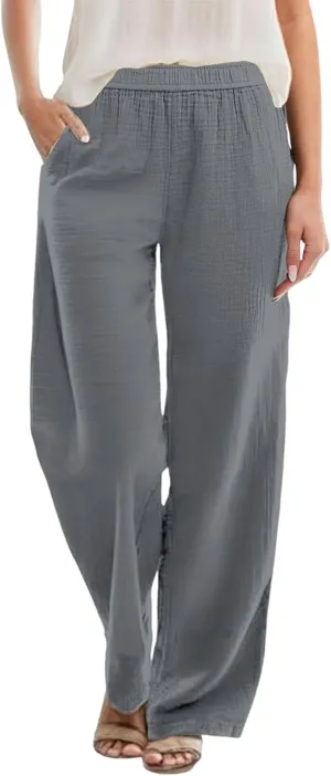 Womens Straight Leg Linen Pants Wide Leg Casual Elastic Waist Palazzo Pant Lounge Beach Summer Trousers with Pockets