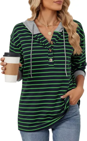 Womens Striped Oversized Hoodies Sweatshirts Color Block Long Sleeve Button Down Drawstring Casual Pullover Tops