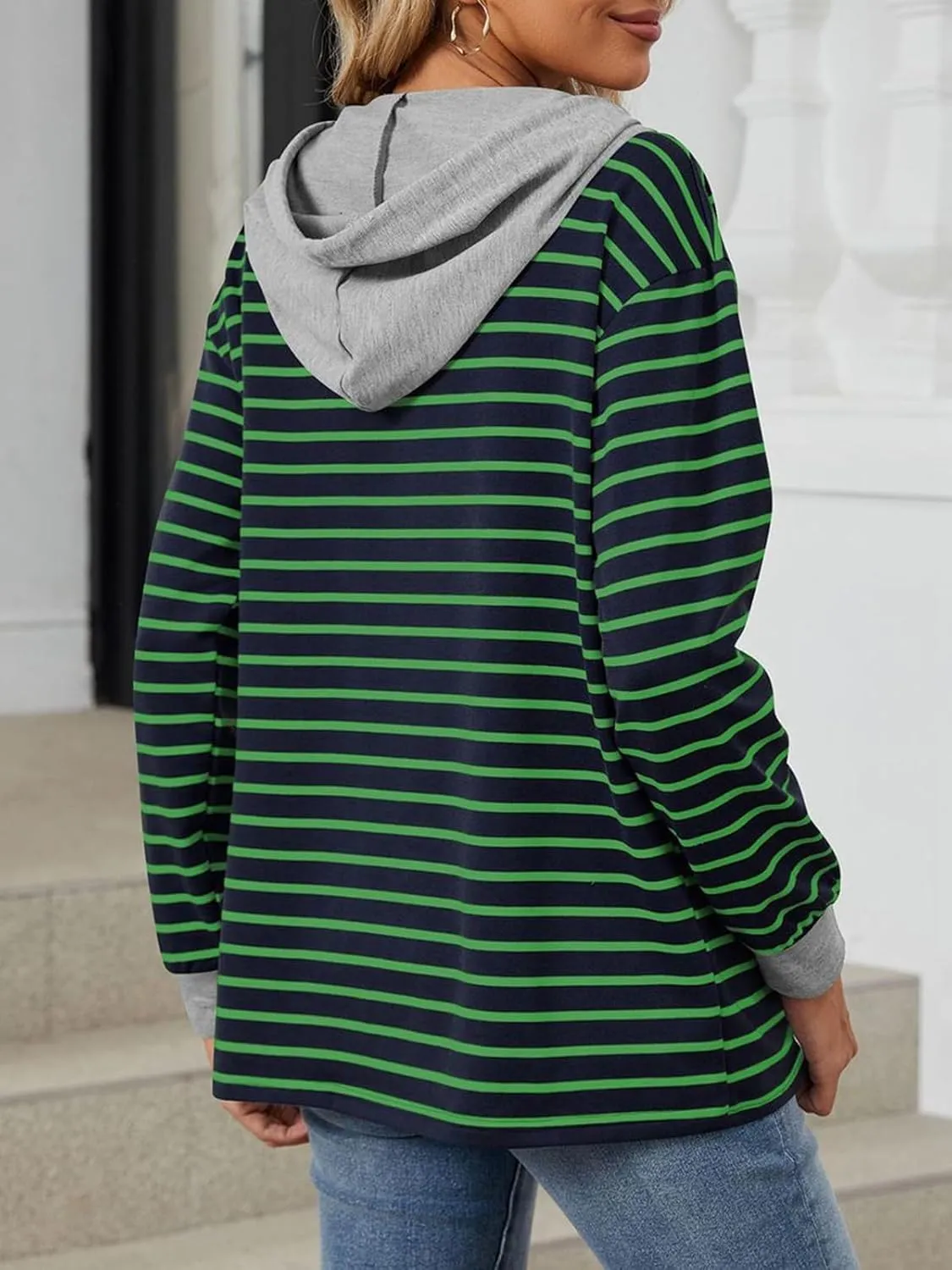 Womens Striped Oversized Hoodies Sweatshirts Color Block Long Sleeve Button Down Drawstring Casual Pullover Tops