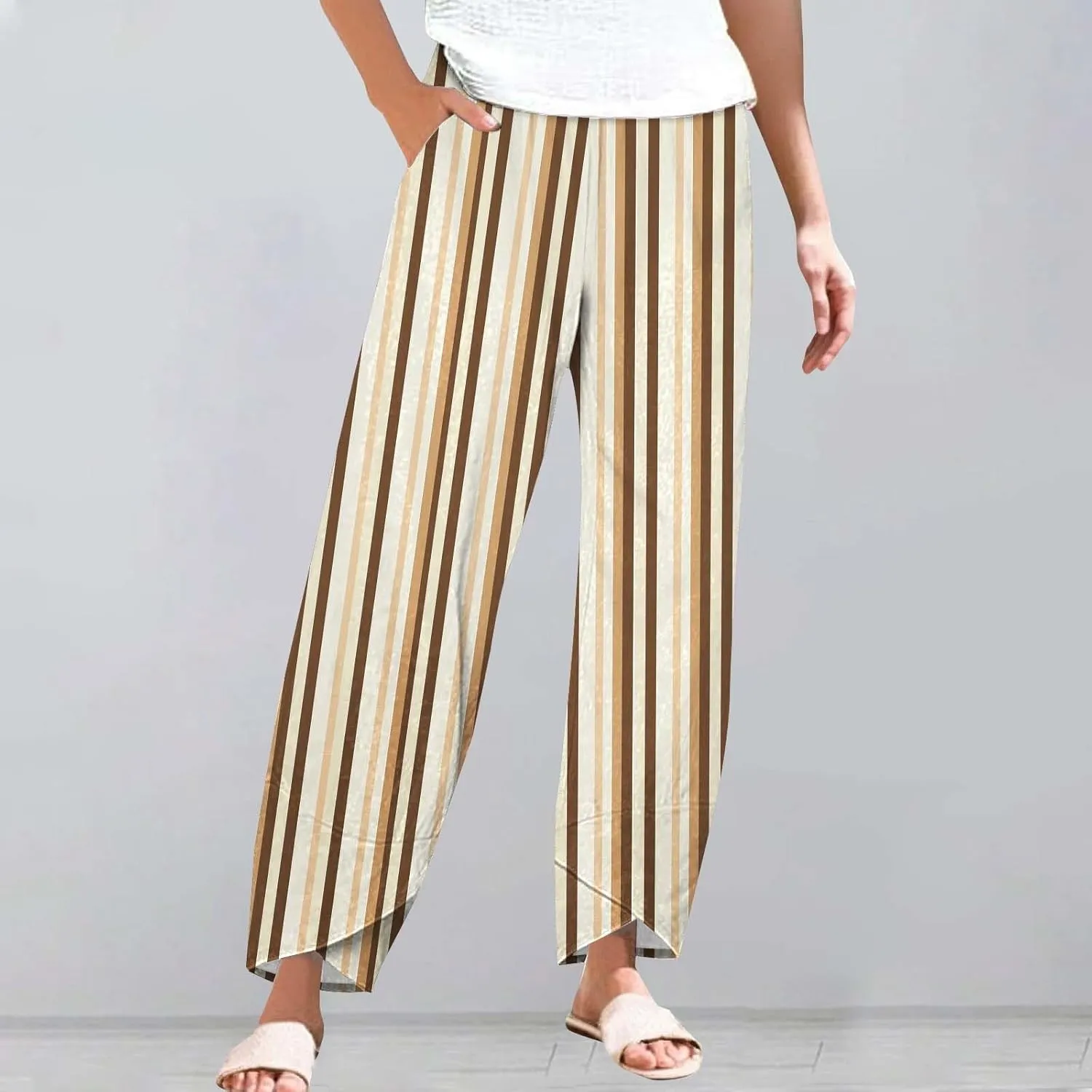 Women's Striped Printed Elastic High Waist Wide Leg Cropped Pants Casual Summer Beach Trousers for Women with Pocket