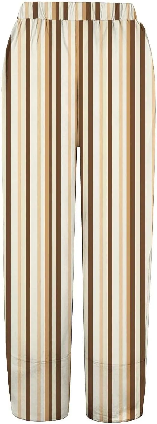 Women's Striped Printed Elastic High Waist Wide Leg Cropped Pants Casual Summer Beach Trousers for Women with Pocket