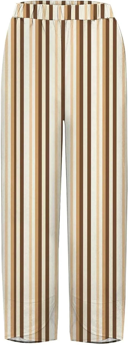 Women's Striped Printed Elastic High Waist Wide Leg Cropped Pants Casual Summer Beach Trousers for Women with Pocket